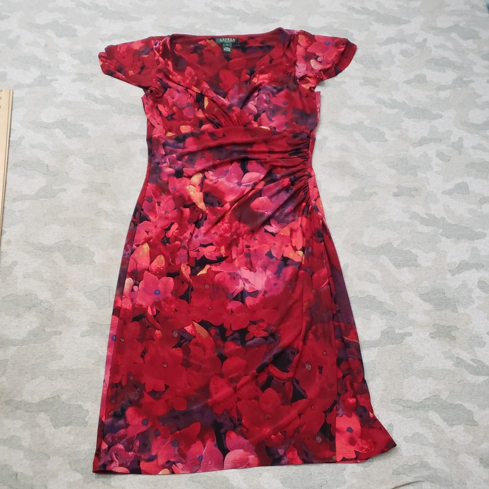 Lauren Ralph Lauren Dress Womens 10 Red Floral Sheath Ruched Flutter Cocktail